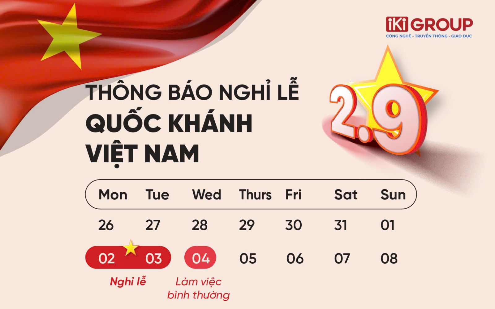 THÔNG BÁO LỊCH NGHỈ LỄ QUỐC KHÁNH MÙNG 2/9